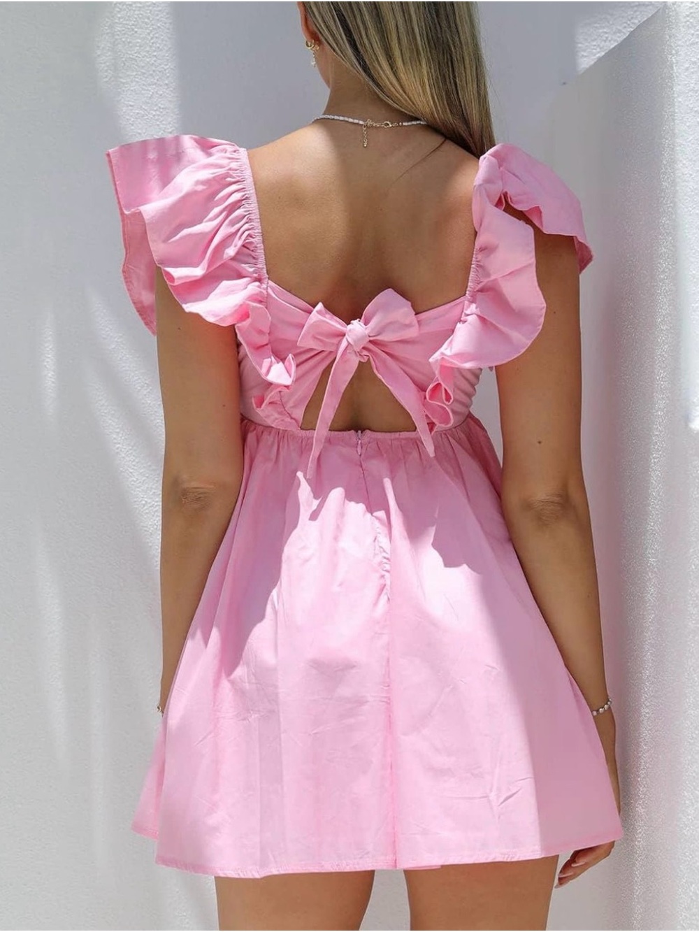 Pink Ruffle Sleeve V-Neck Mini Dress - Picture 2 of 3
